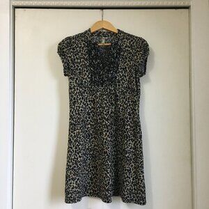 Heart Soul Y2K Leopard Print Knit Dress Top Frilly Ruffle Rosette Coquette